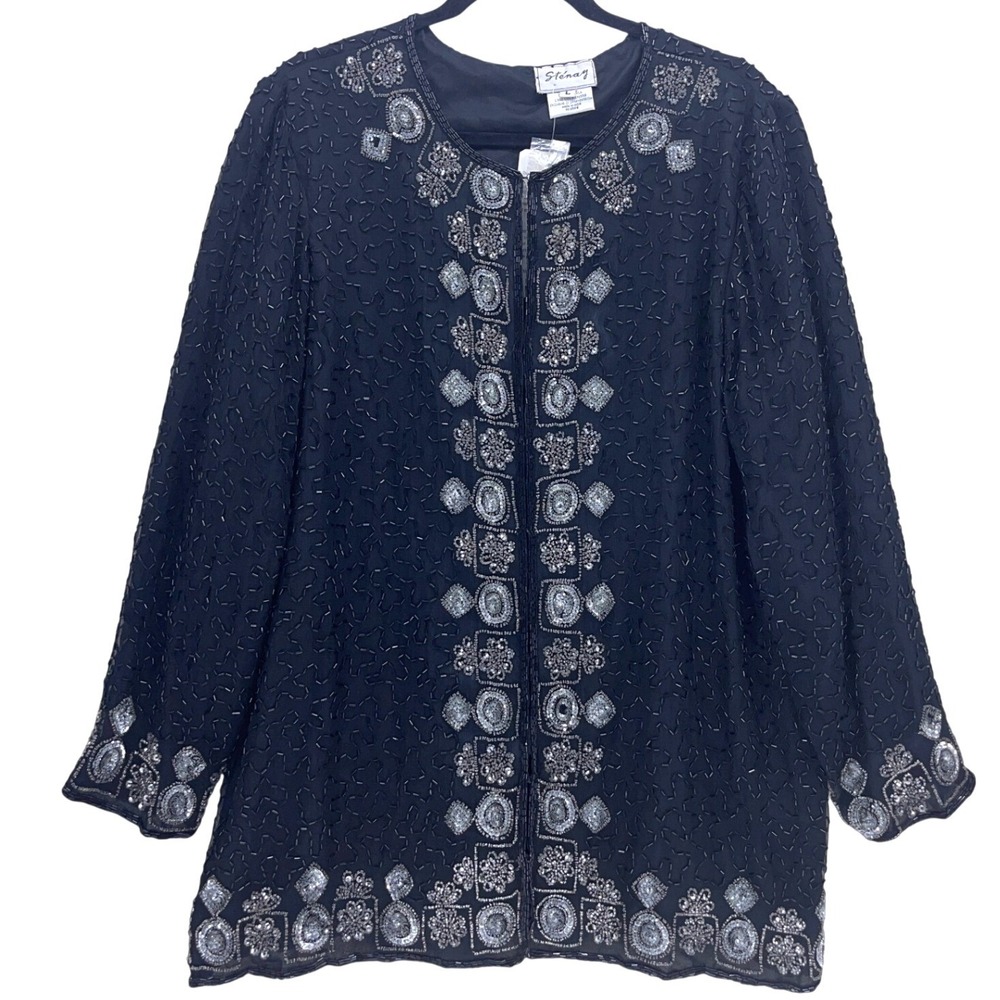 Stenay Black Beaded Silk Evening Jacket Large 80s Silver Sequin Formal Vintage